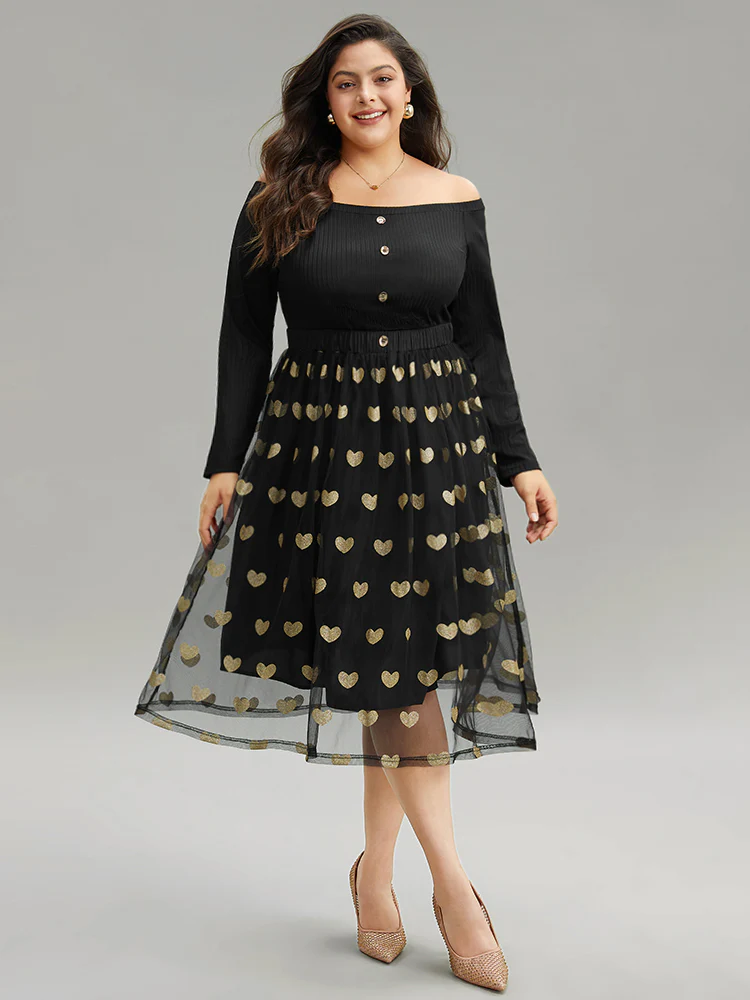 Heart Print Rib Knit Button Detail Off Shoulder Dress - Image 2