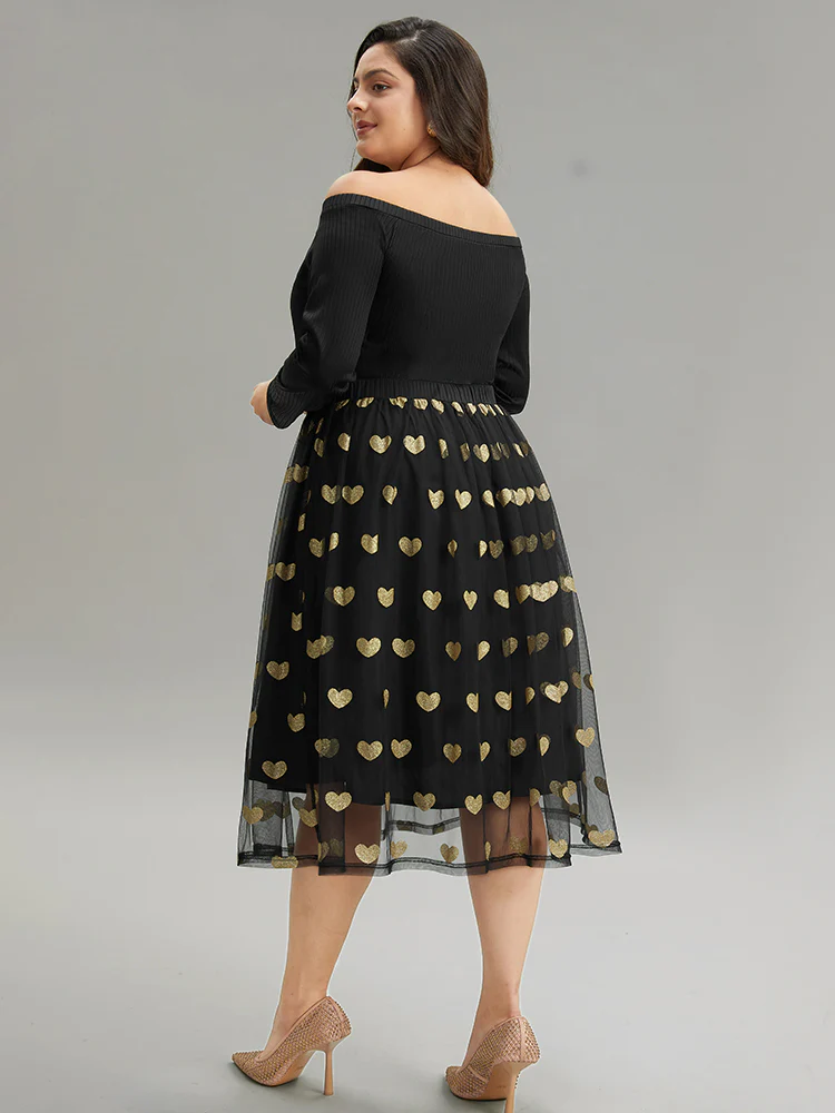 Heart Print Rib Knit Button Detail Off Shoulder Dress - Image 3