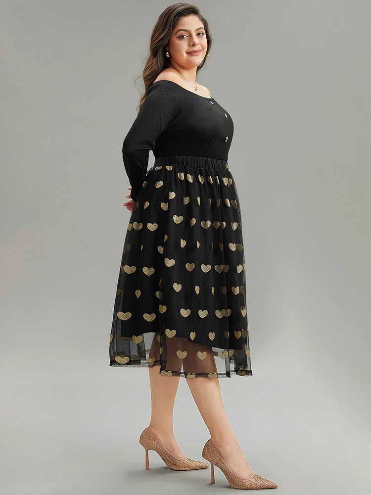 Heart Print Rib Knit Button Detail Off Shoulder Dress - Image 4