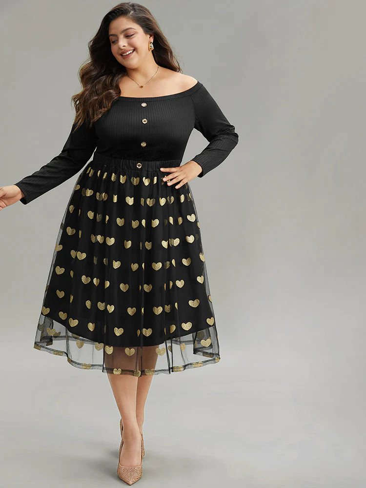 Heart Print Rib Knit Button Detail Off Shoulder Dress - Image 5