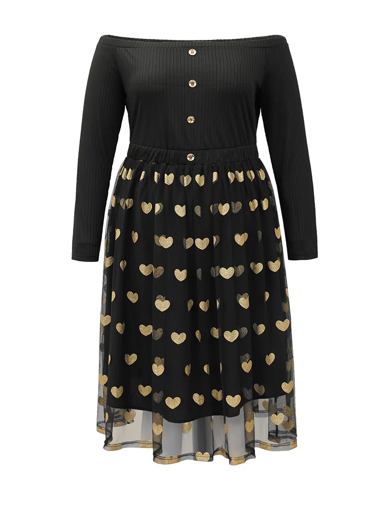 Heart Print Rib Knit Button Detail Off Shoulder Dress - Image 8