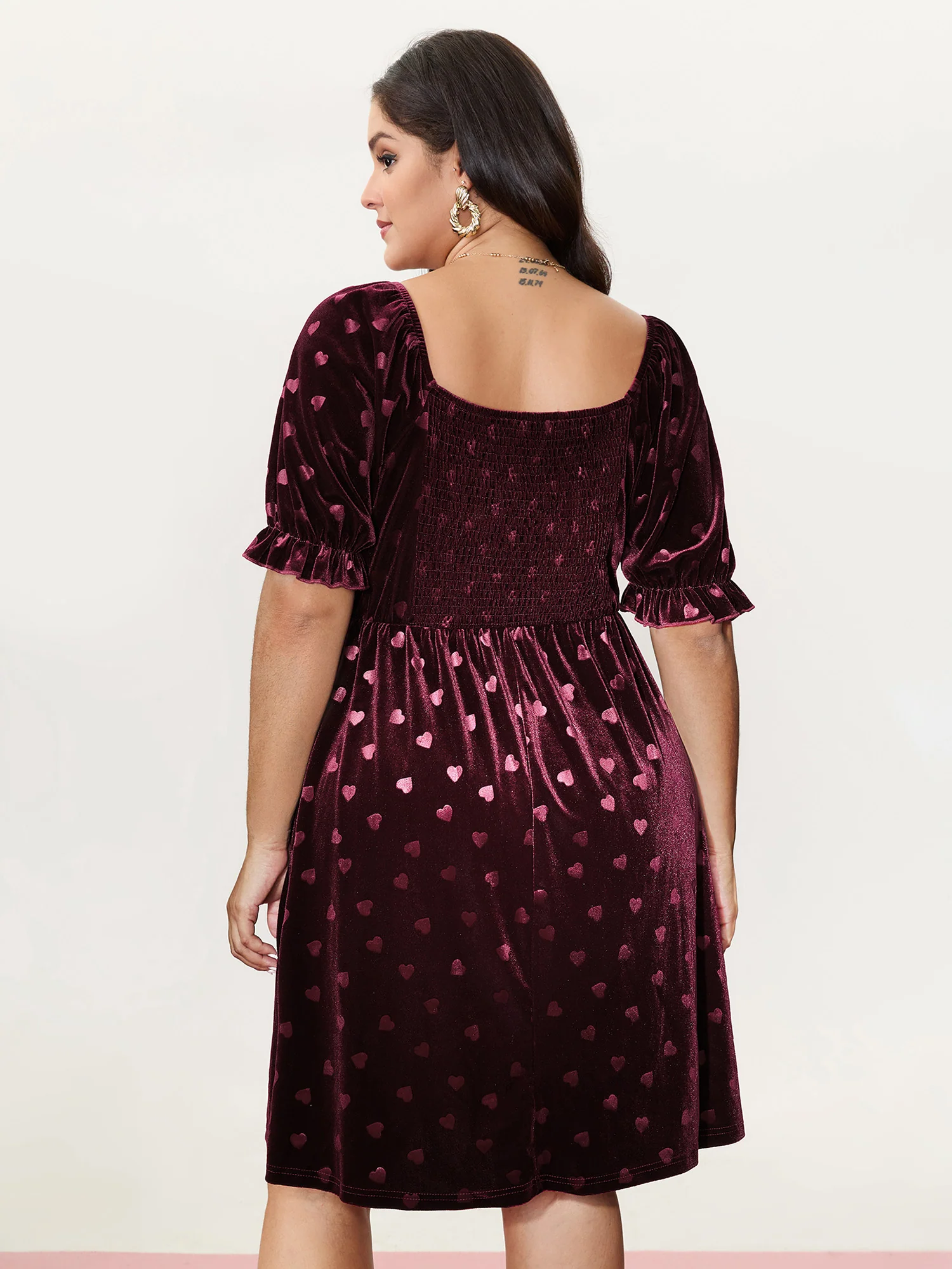 Velvet Heart Print Puff Sleeve Mini Dress - Image 4