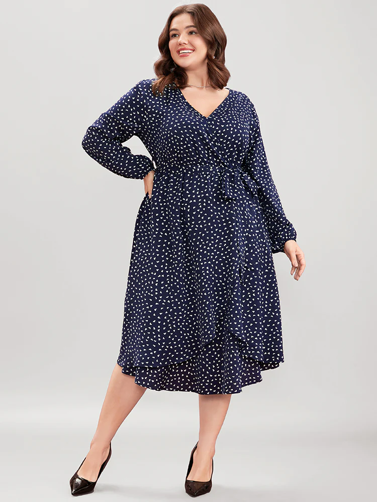Heart Print Surplice Neck Pocket Asymmetrical Belted Flutter Dress - Image 2