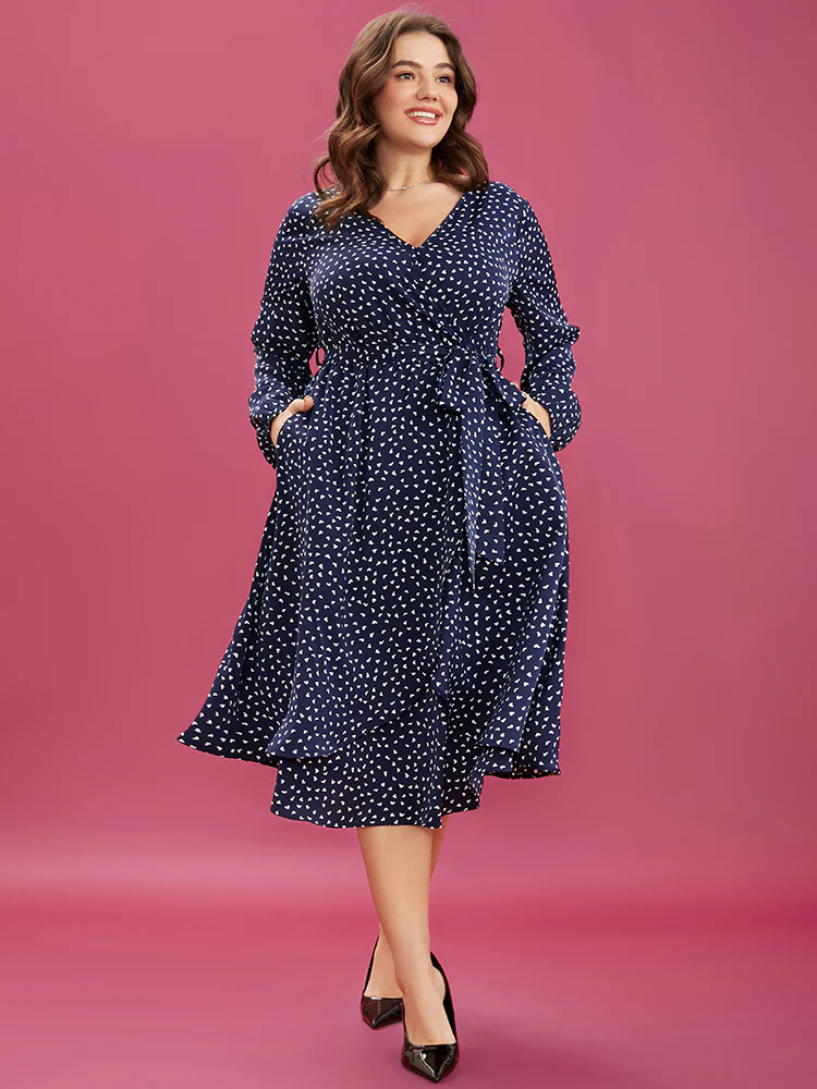 Heart Print Surplice Neck Pocket Asymmetrical Belted Flutter Dress - Image 3
