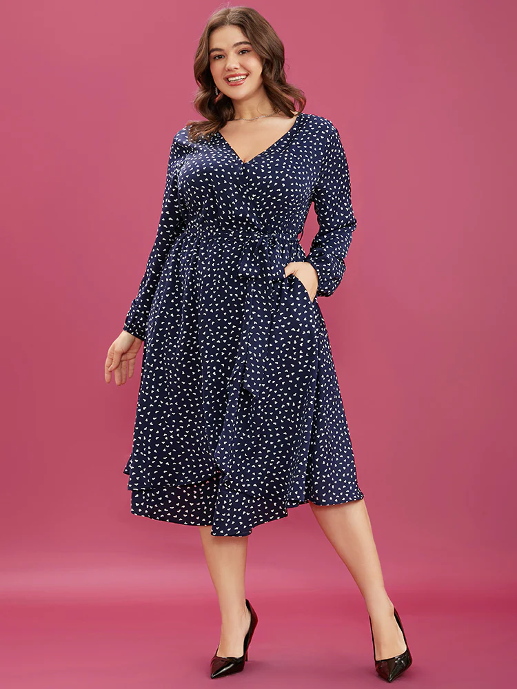 Heart Print Surplice Neck Pocket Asymmetrical Belted Flutter Dress - Image 4