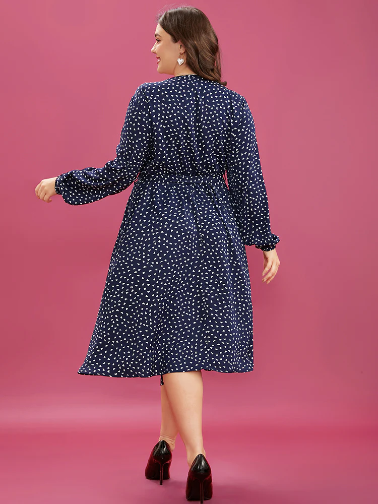 Heart Print Surplice Neck Pocket Asymmetrical Belted Flutter Dress - Image 5