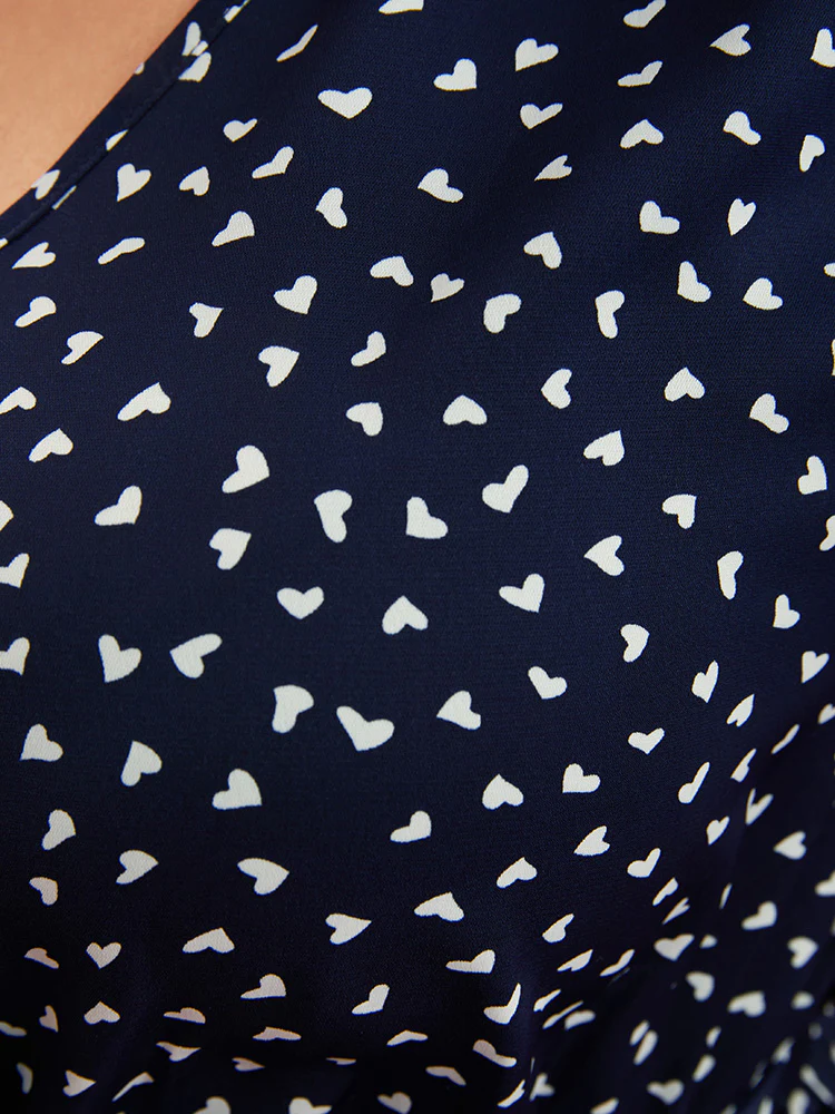 Heart Print Surplice Neck Pocket Asymmetrical Belted Flutter Dress - Image 7