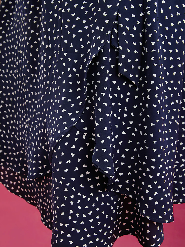 Heart Print Surplice Neck Pocket Asymmetrical Belted Flutter Dress - Image 8