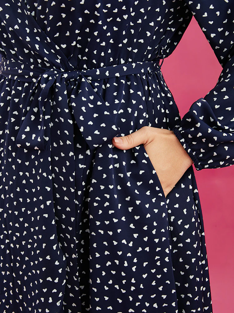 Heart Print Surplice Neck Pocket Asymmetrical Belted Flutter Dress - Image 9