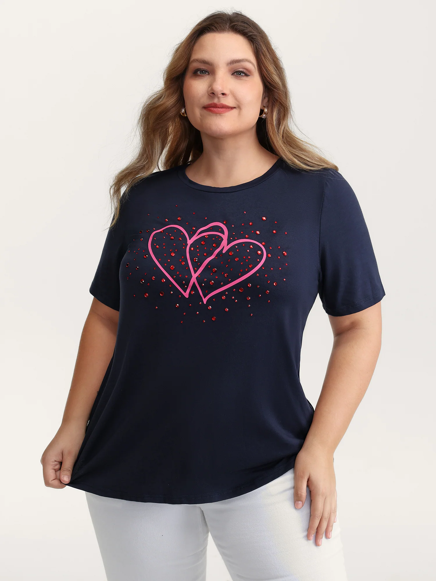 Heart Rhinestone Print Bowknot T-Shirt - Image 2