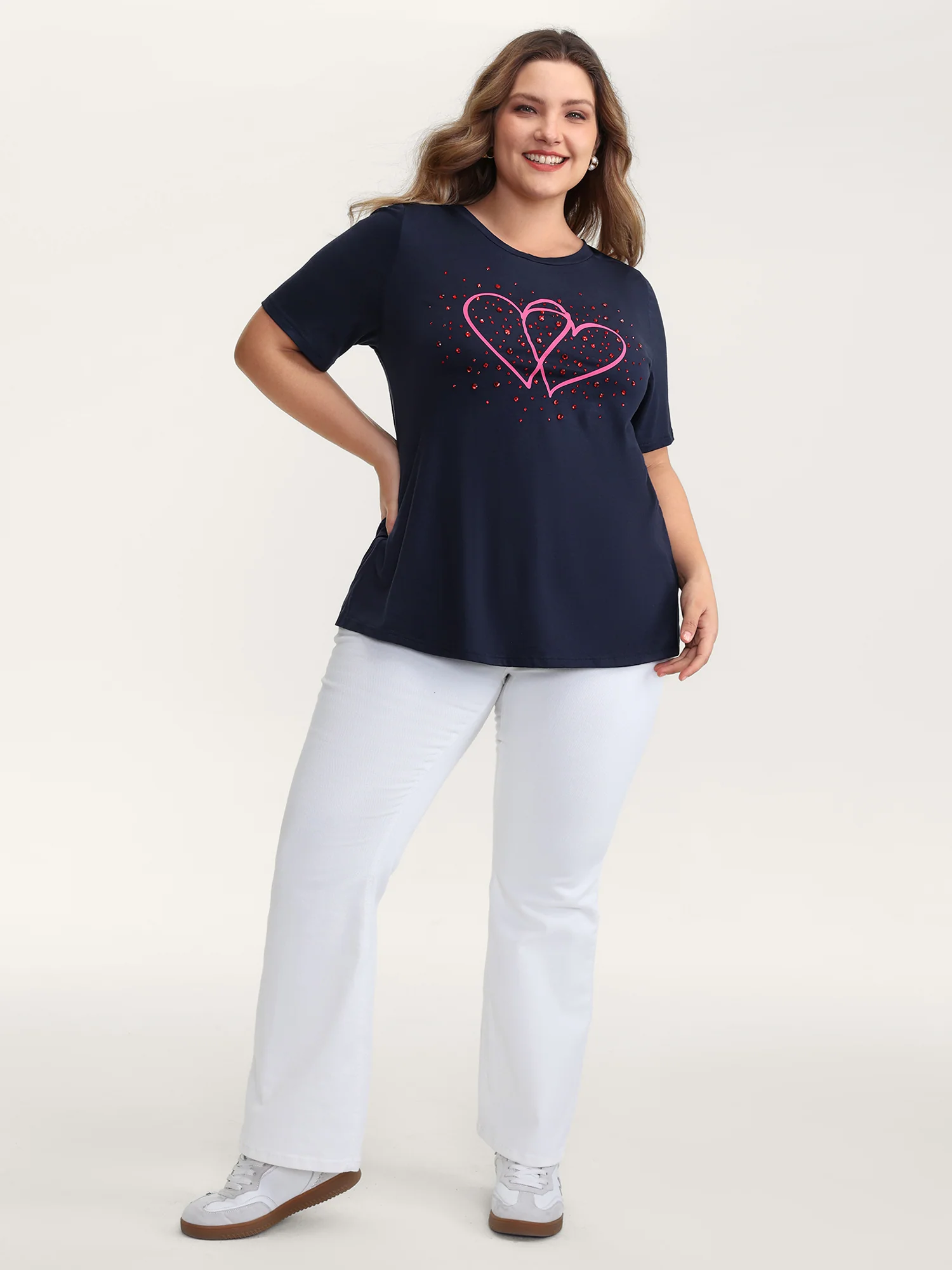 Heart Rhinestone Print Bowknot T-Shirt - Image 3