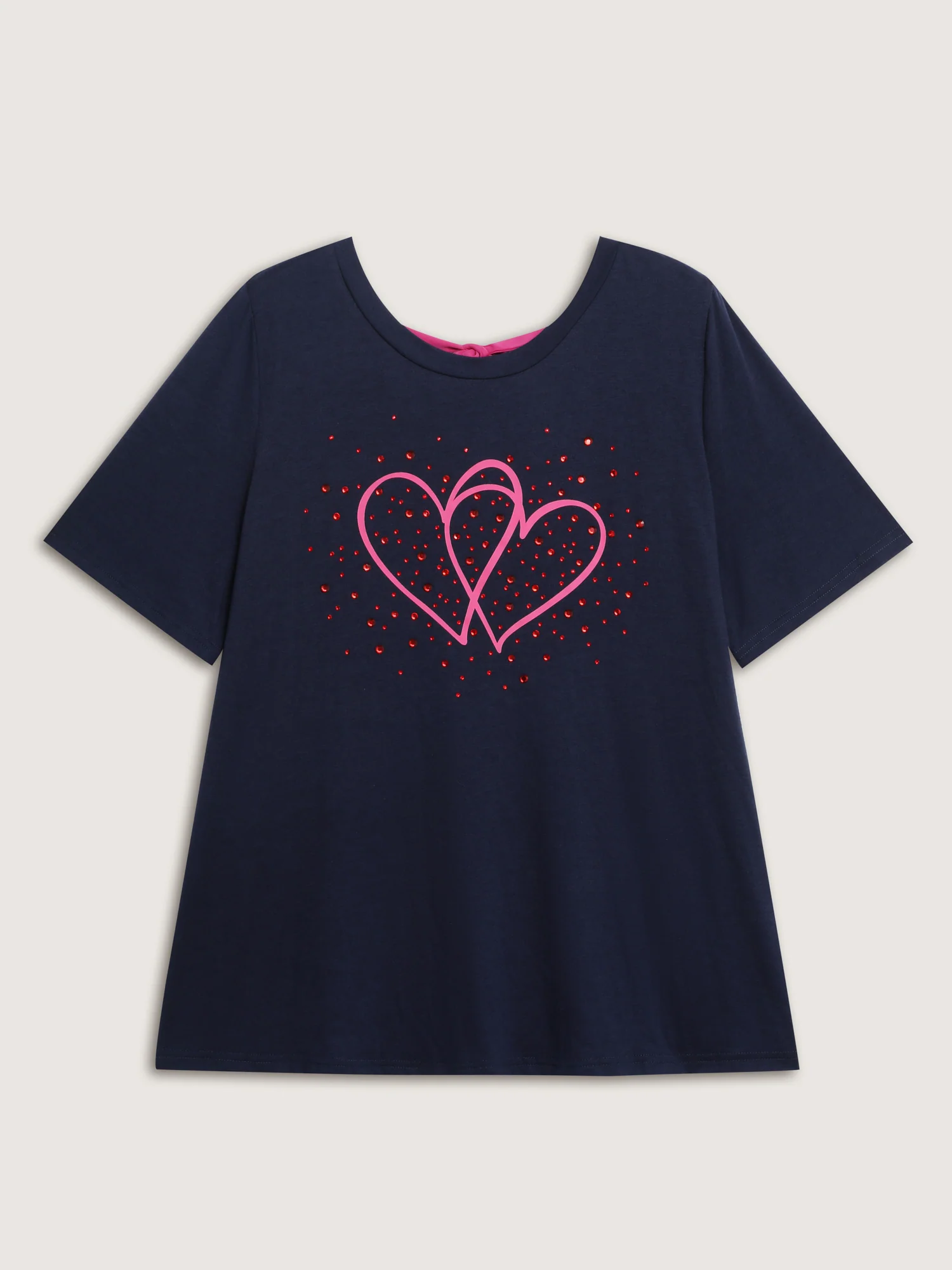 Heart Rhinestone Print Bowknot T-Shirt - Image 7