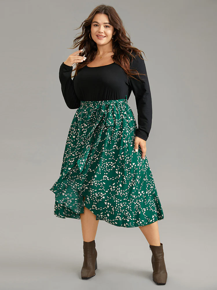 Heart Patchwork Square Neck Belted Arc Hem Dress - Image 3