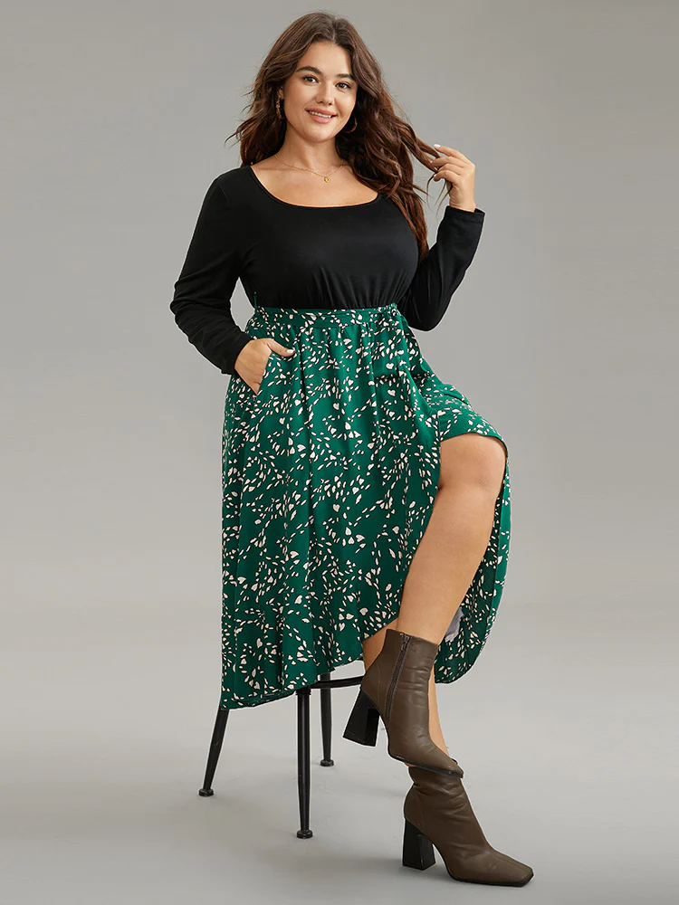 Heart Patchwork Square Neck Belted Arc Hem Dress - Image 4