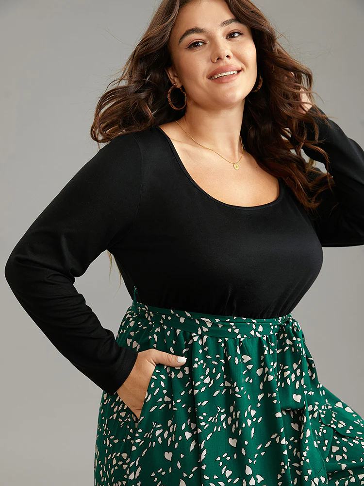 Heart Patchwork Square Neck Belted Arc Hem Dress - Image 5