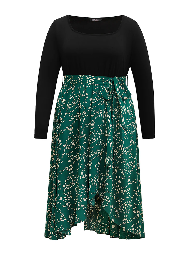 Heart Patchwork Square Neck Belted Arc Hem Dress - Image 6