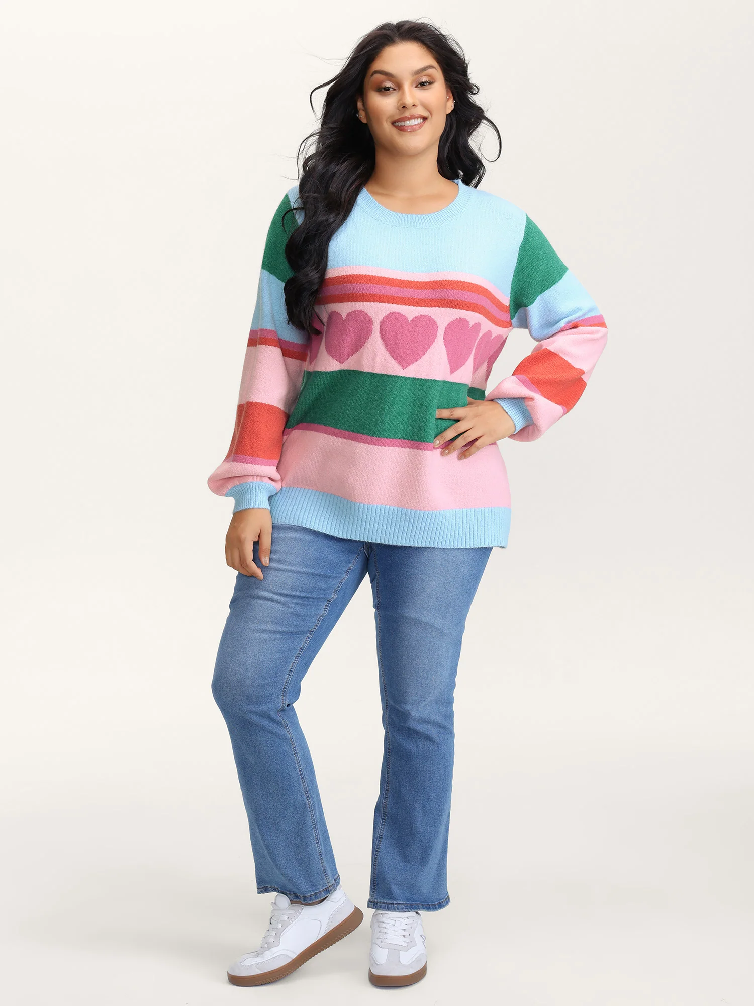 Heart Striped Print Jacquard Colorful Pullover - Image 3