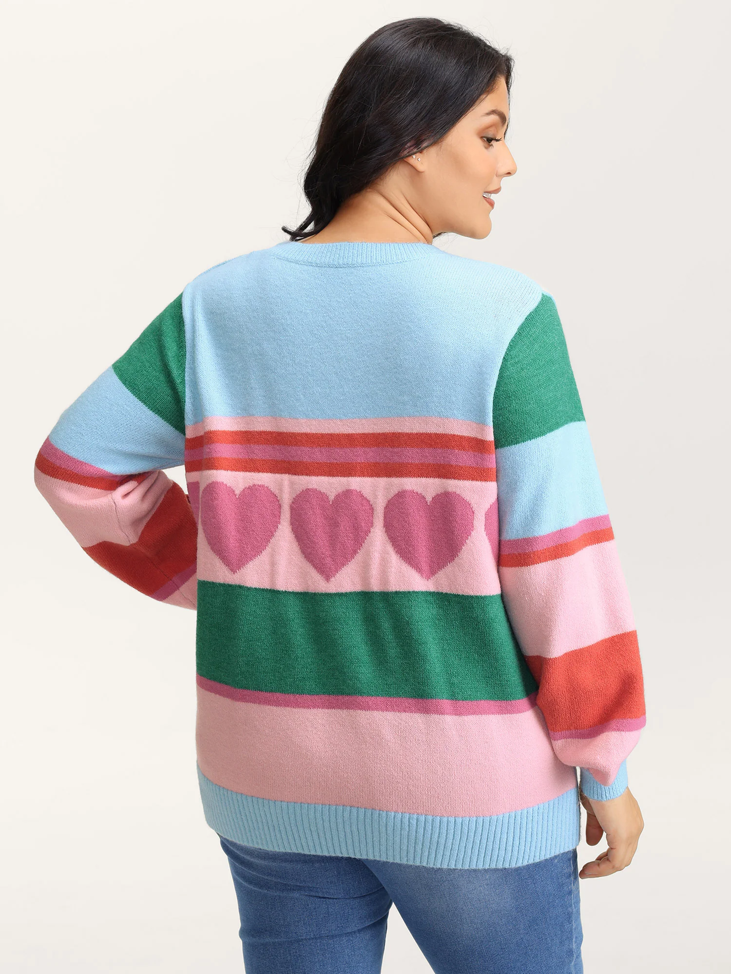 Heart Striped Print Jacquard Colorful Pullover - Image 4
