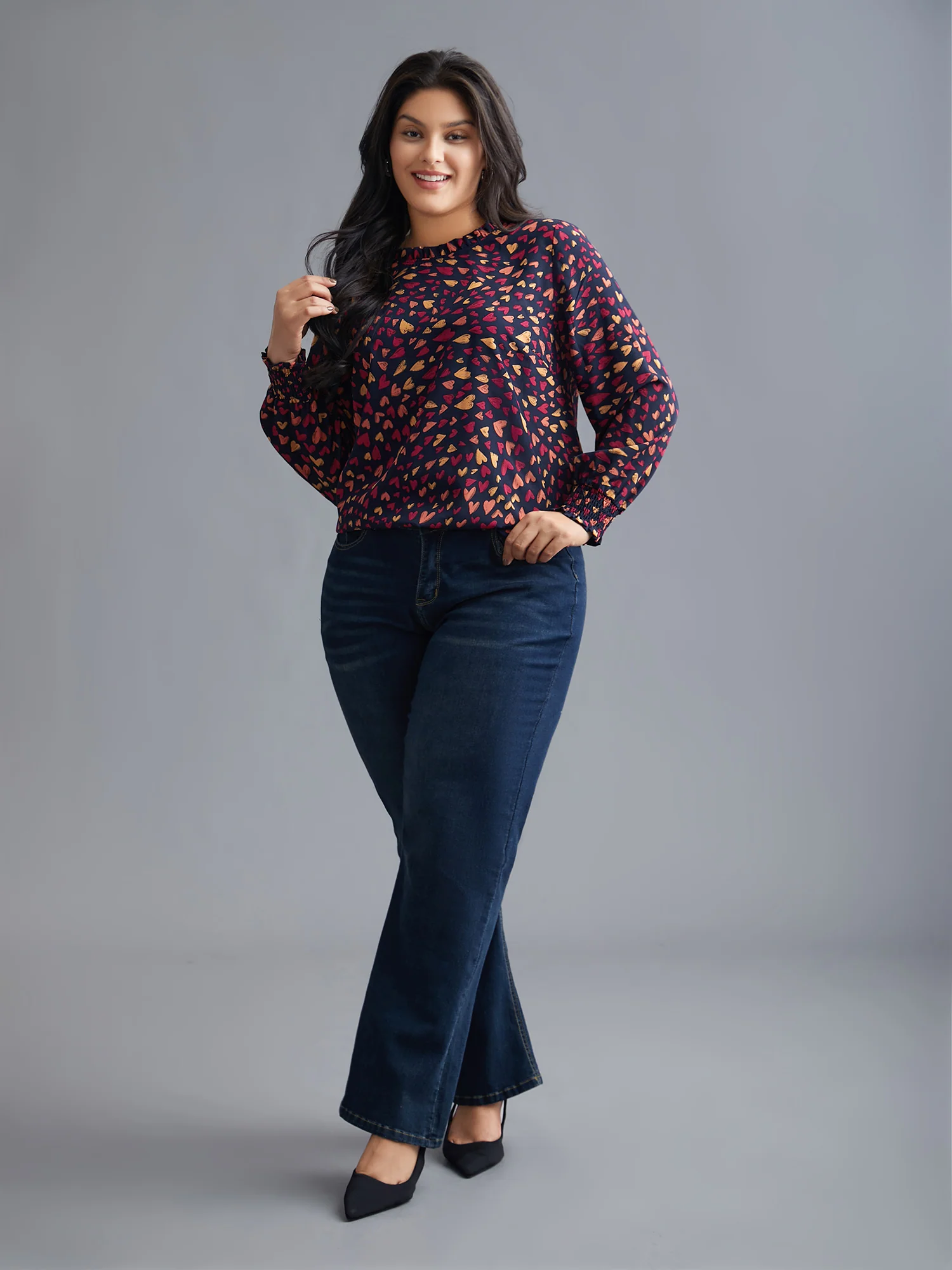 Hearts All Over Ruffled Neckline Blouse - Image 2