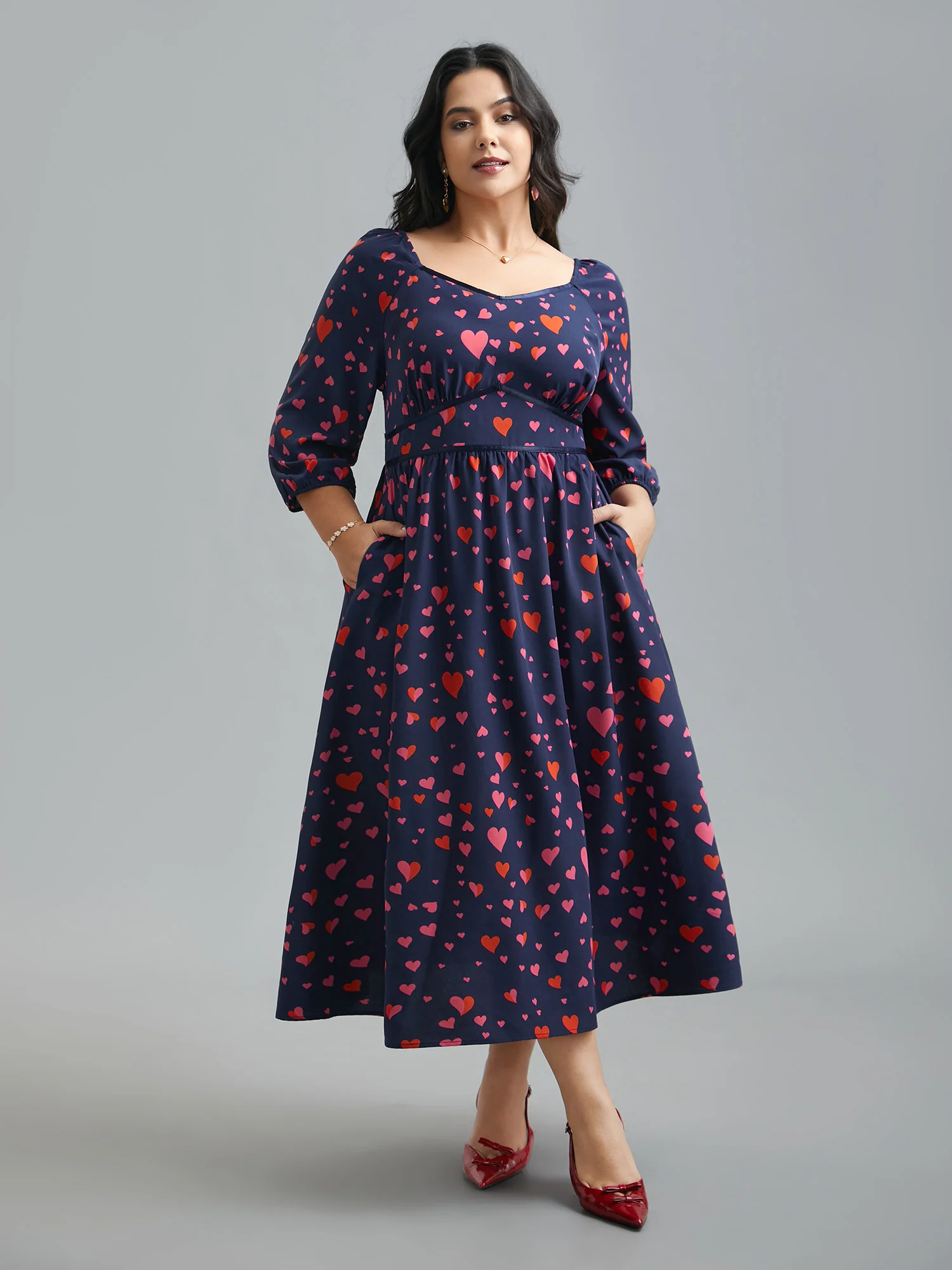 Hearts Print Contrast Webbing Pocket Dress - Image 2