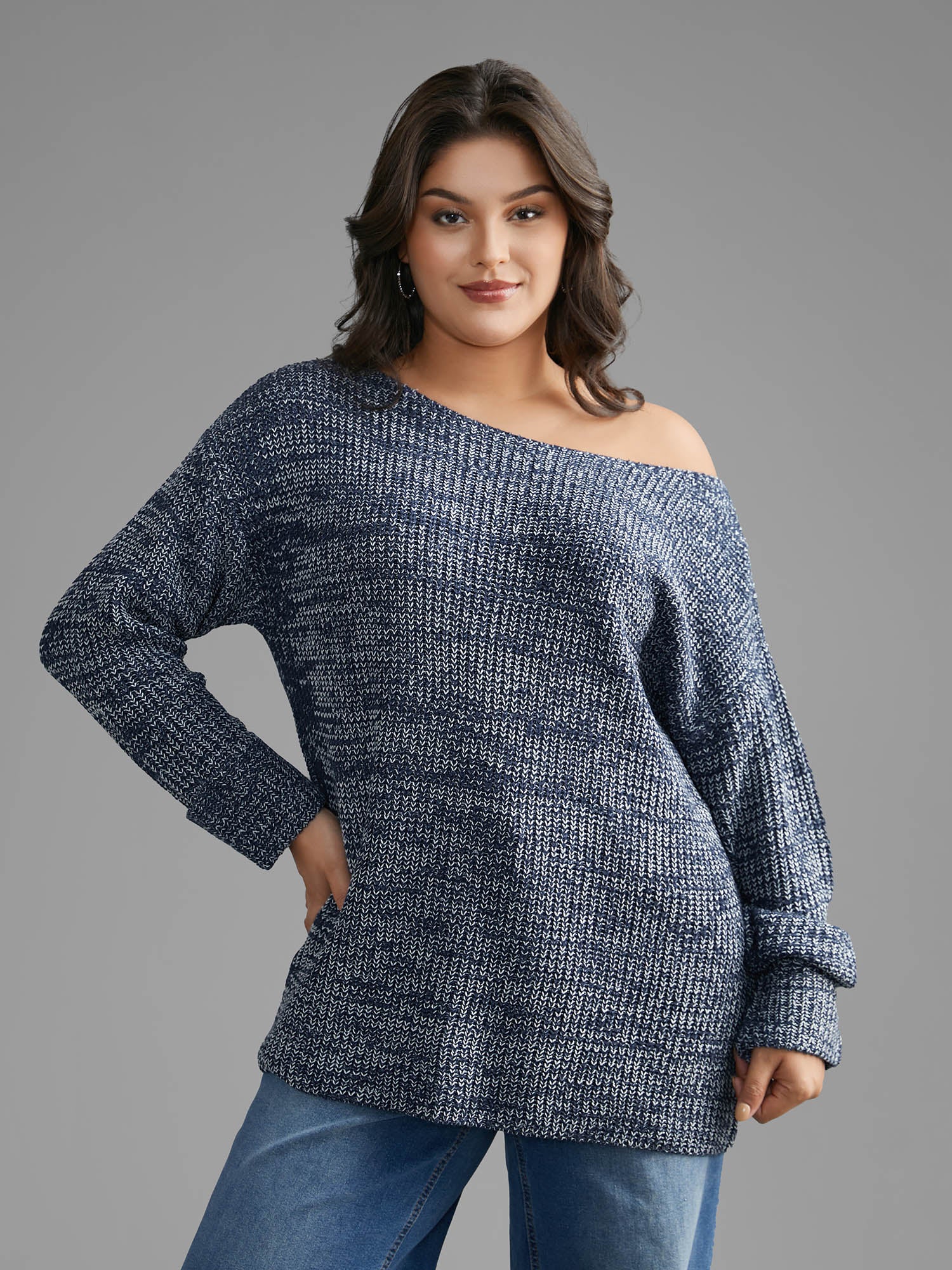 Heather Boat Neck Drop Shoulder Sleeve Pullover - Image 2