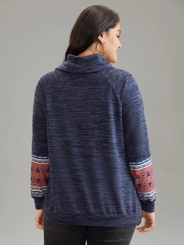 Heather Boho Print Raglan Sleeve Turtleneck Sweatshirt - Image 2