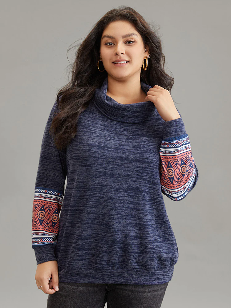 Heather Boho Print Raglan Sleeve Turtleneck Sweatshirt - Image 3