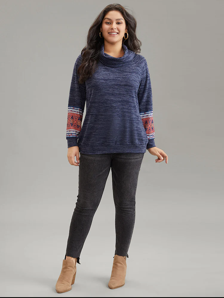 Heather Boho Print Raglan Sleeve Turtleneck Sweatshirt - Image 4
