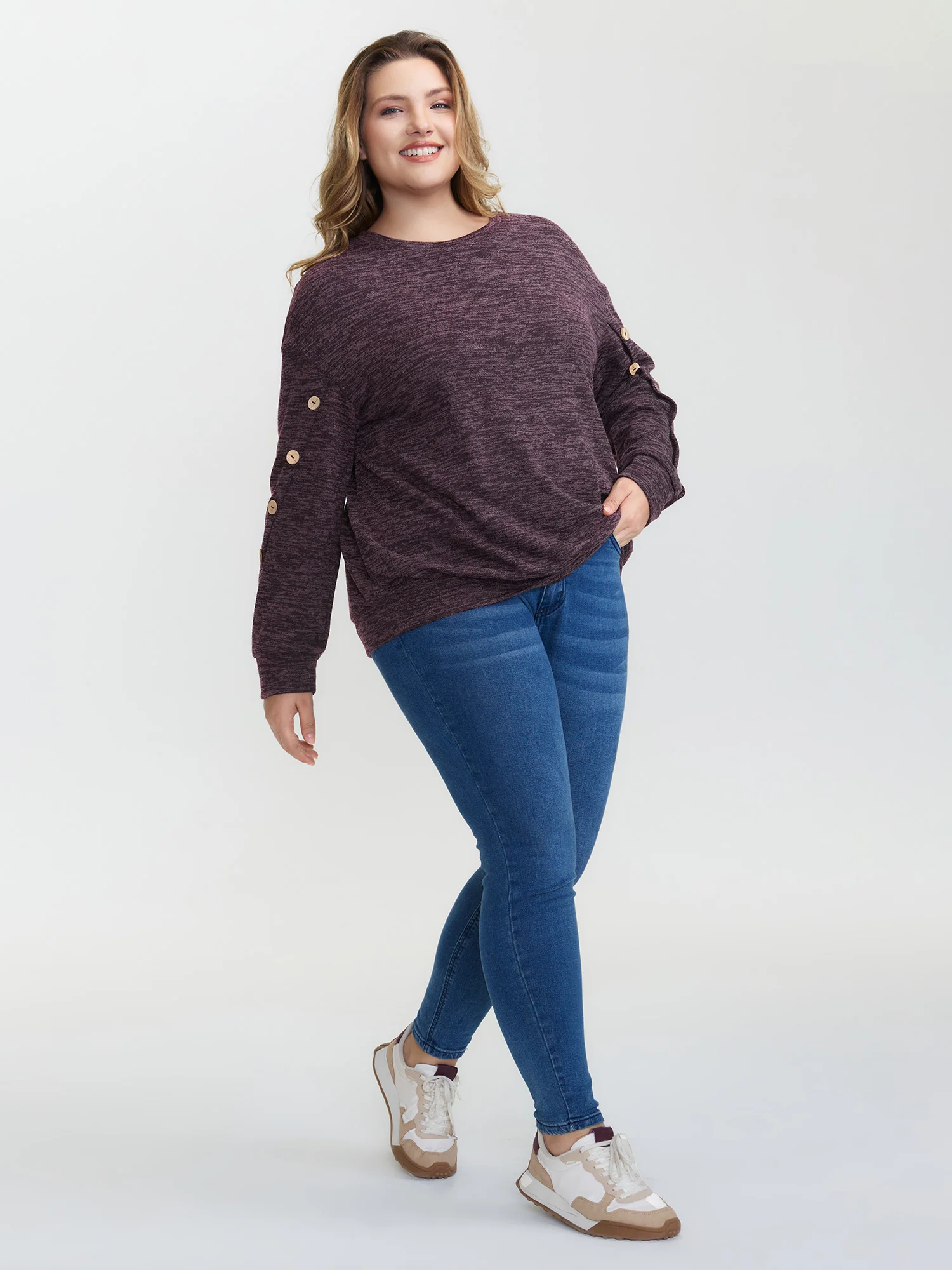 Heather Button Detail Overlap Sleeve Sweatshirt - Image 3