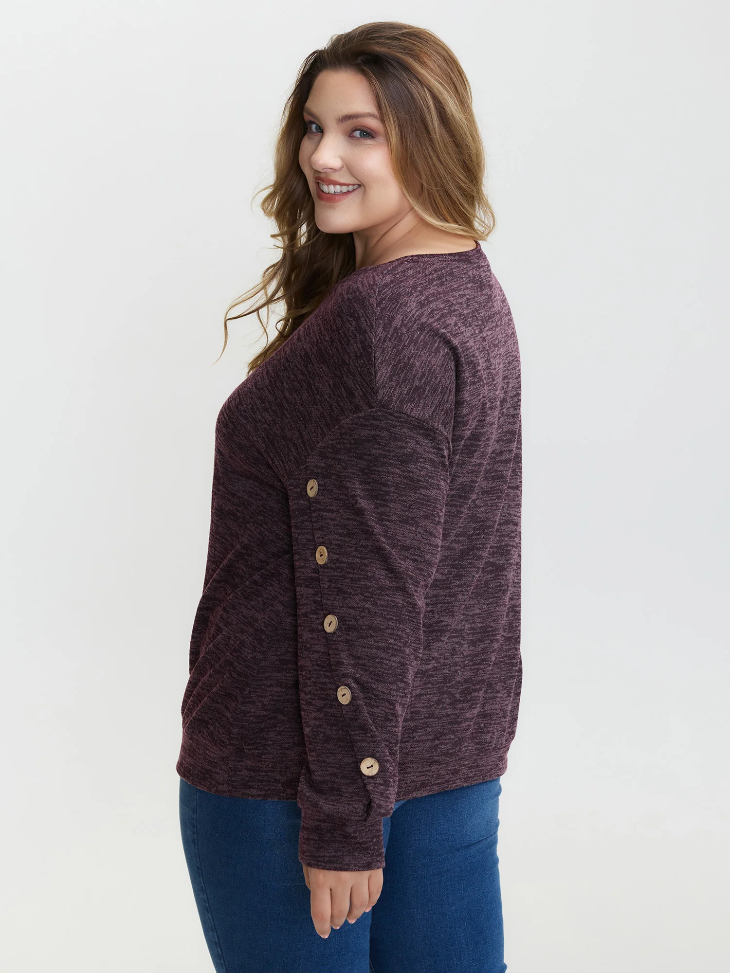 Heather Button Detail Overlap Sleeve Sweatshirt - Image 5