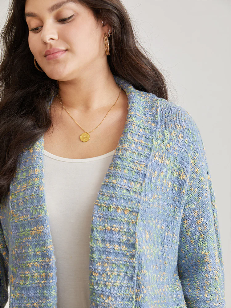 Heather Contrast Lapel Collar Curved Hem Cardigan - Image 3