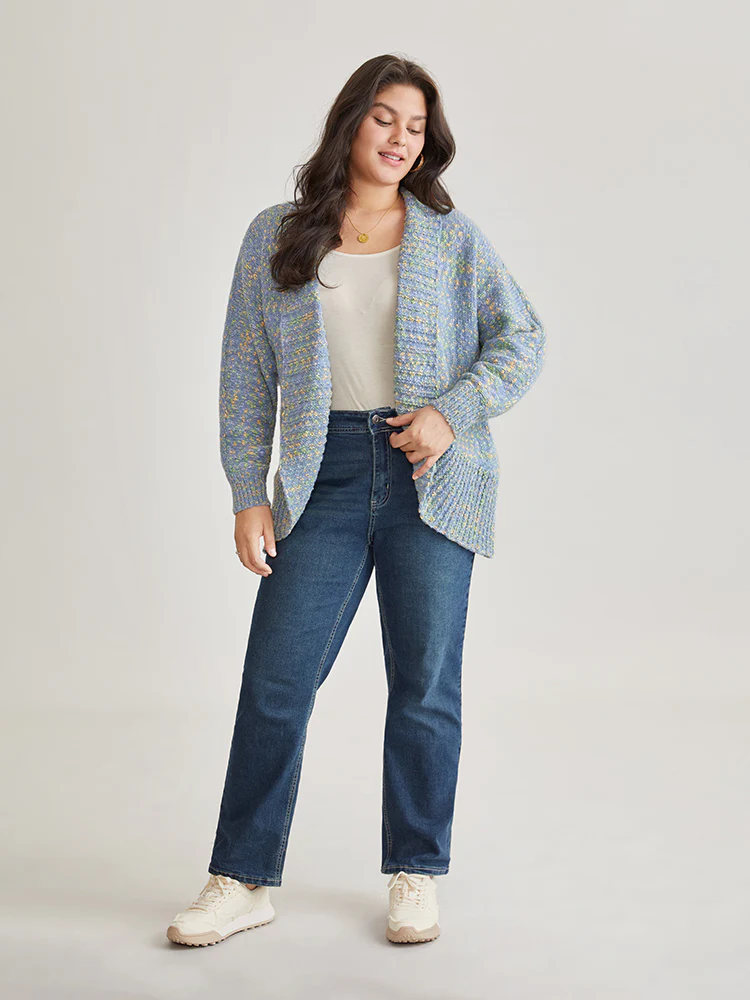 Heather Contrast Lapel Collar Curved Hem Cardigan - Image 4