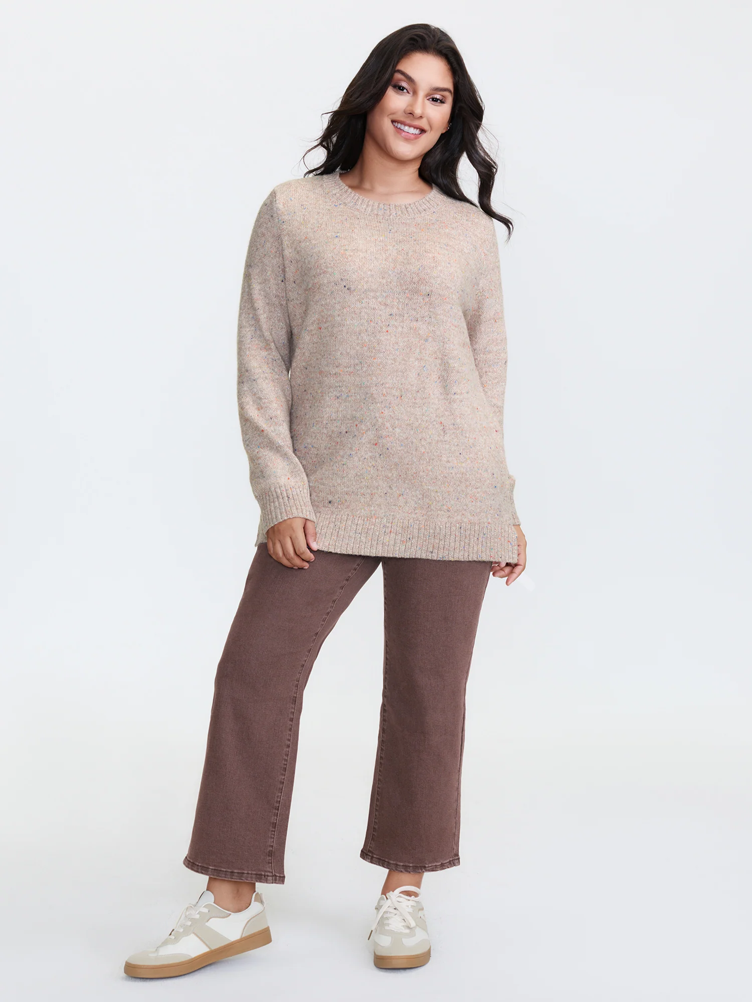 Heather Crewneck Ribbed Hem Pullover - Image 3
