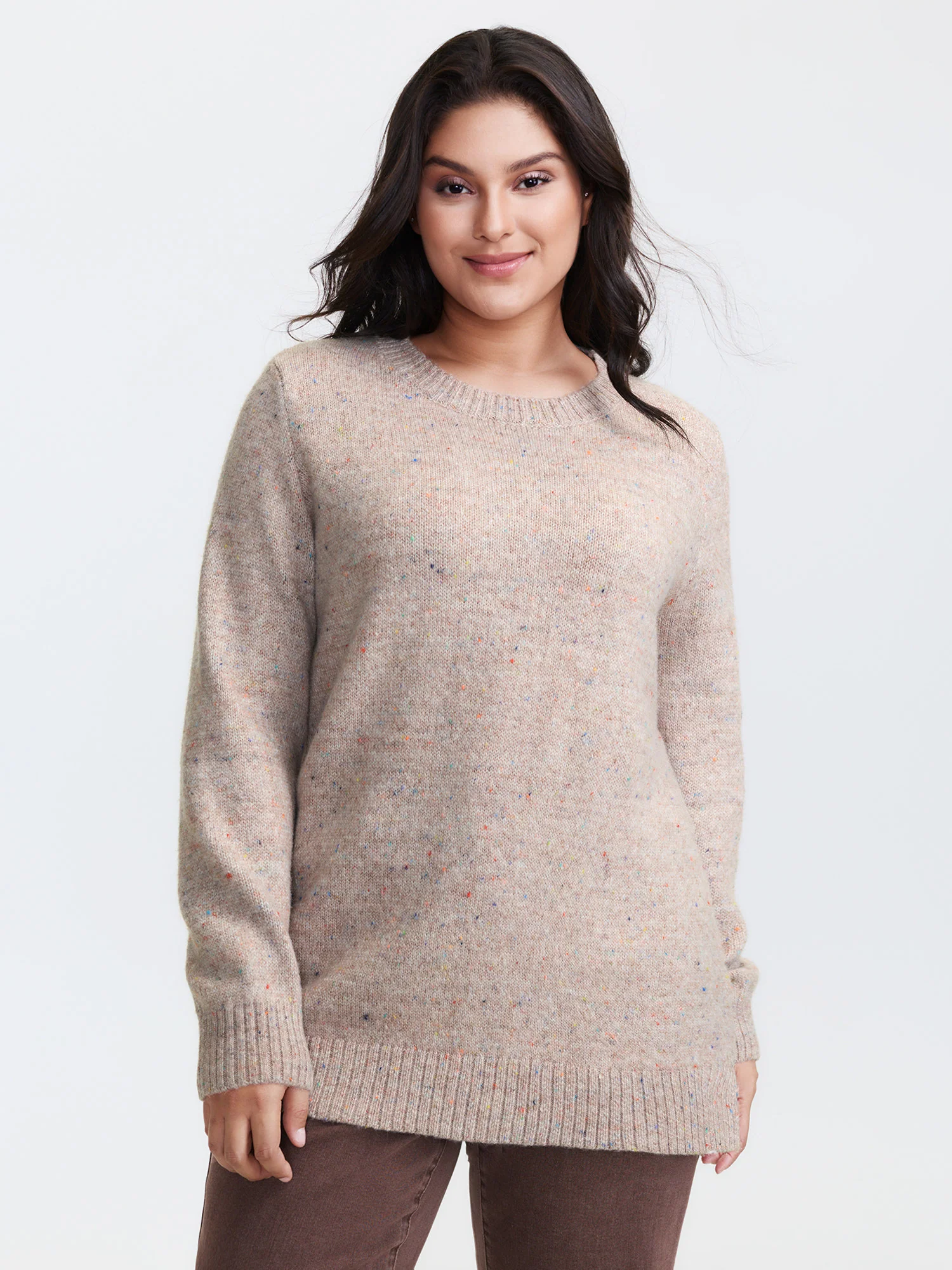 Heather Crewneck Ribbed Hem Pullover - Image 4