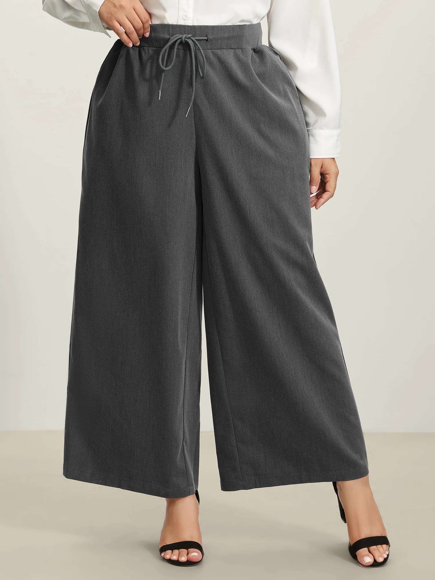 Heather Drawstring Waist Wide-Leg Pants - Image 2