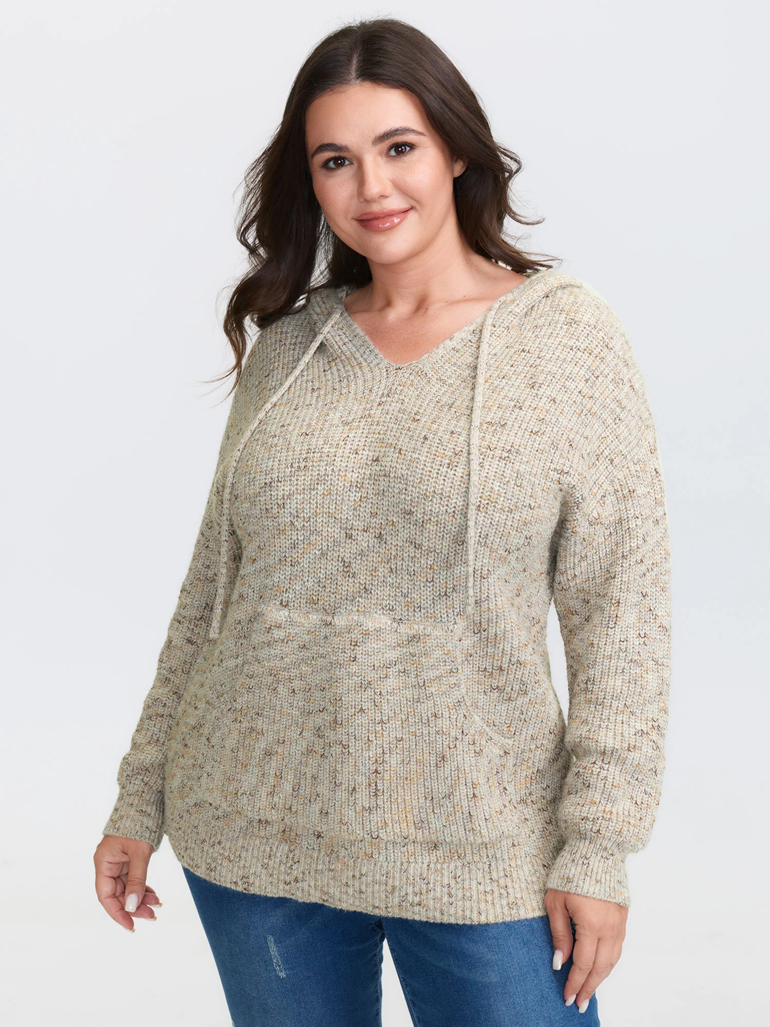 Heather Hooded Pocket Ribbed Hem Pullover - Image 2