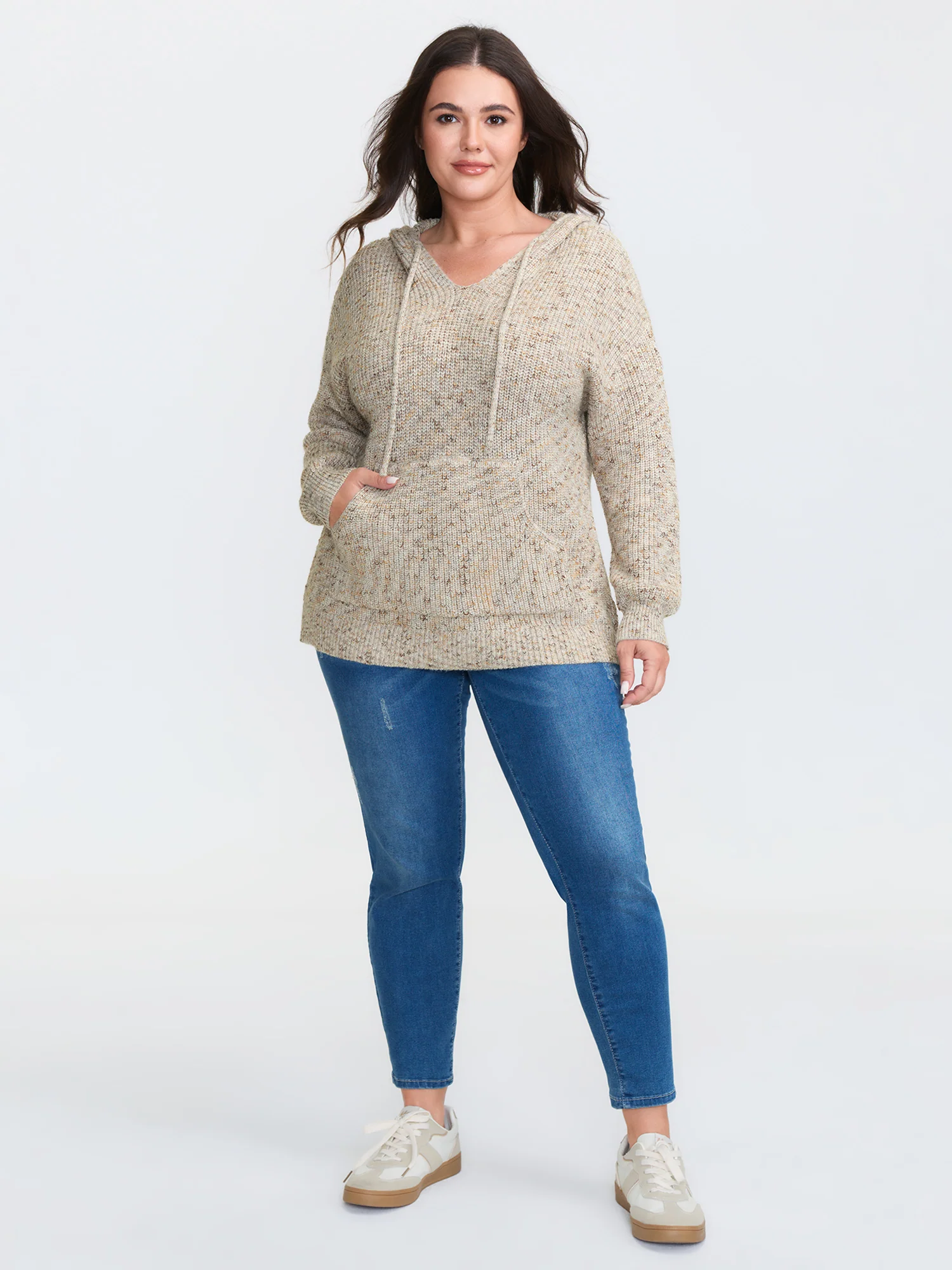 Heather Hooded Pocket Ribbed Hem Pullover - Image 3