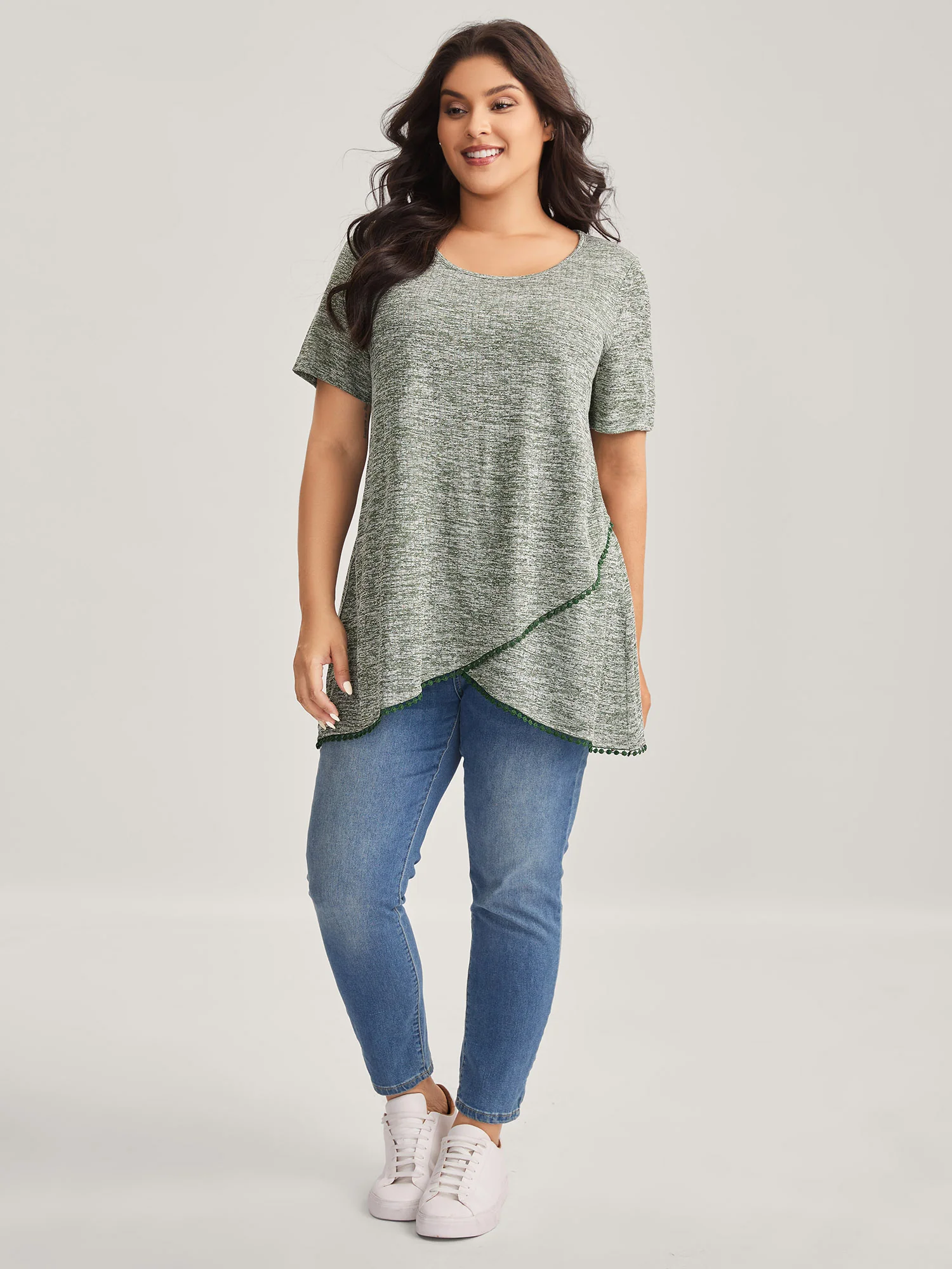 Heather Lace Overlap Hem Solid T-Shirt - Image 3
