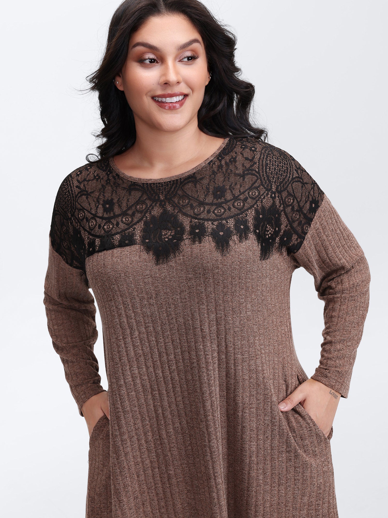 Heather Lace Ribbed Pockets Midi Dress - Image 2
