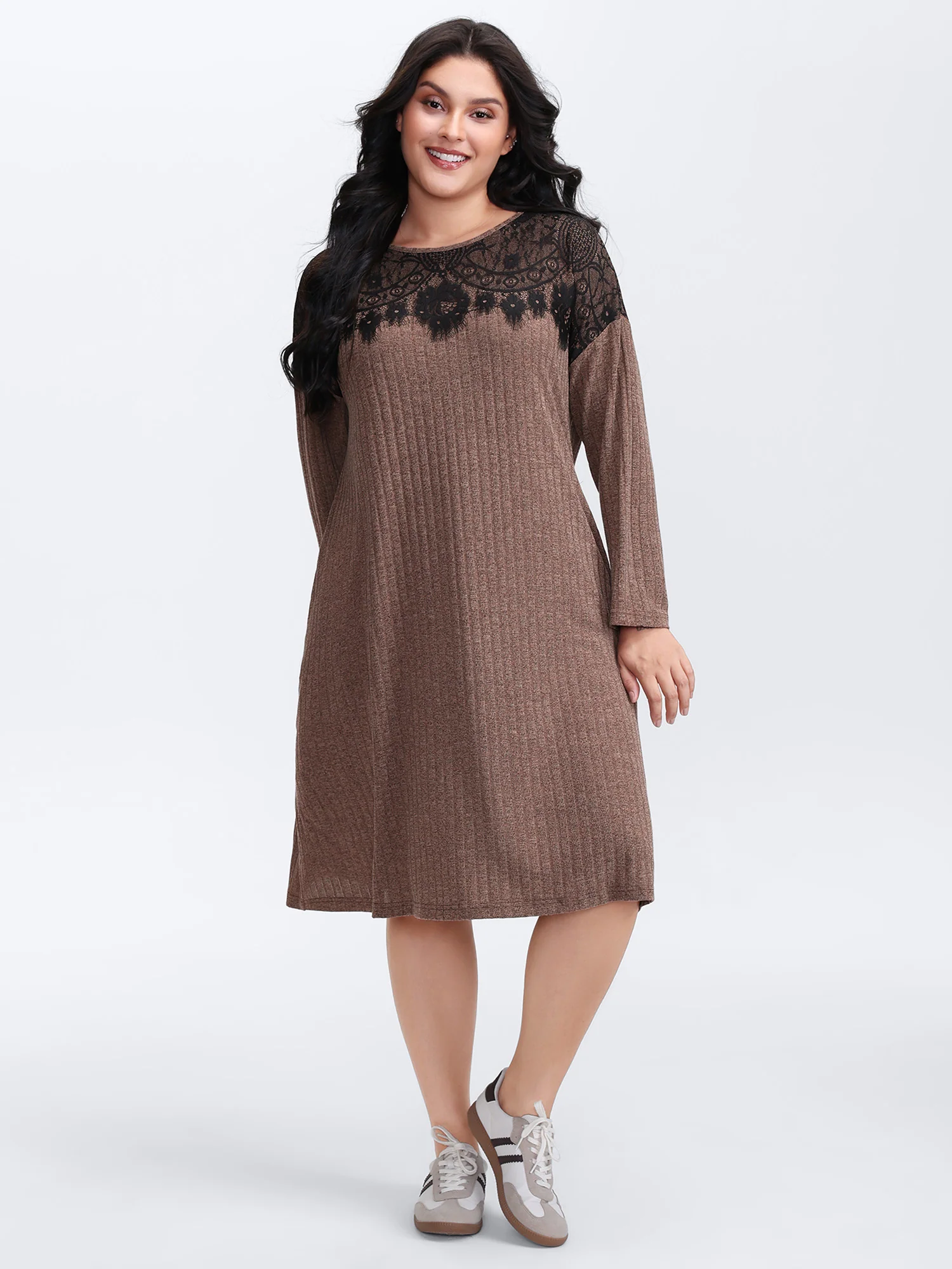 Heather Lace Ribbed Pockets Midi Dress - Image 3