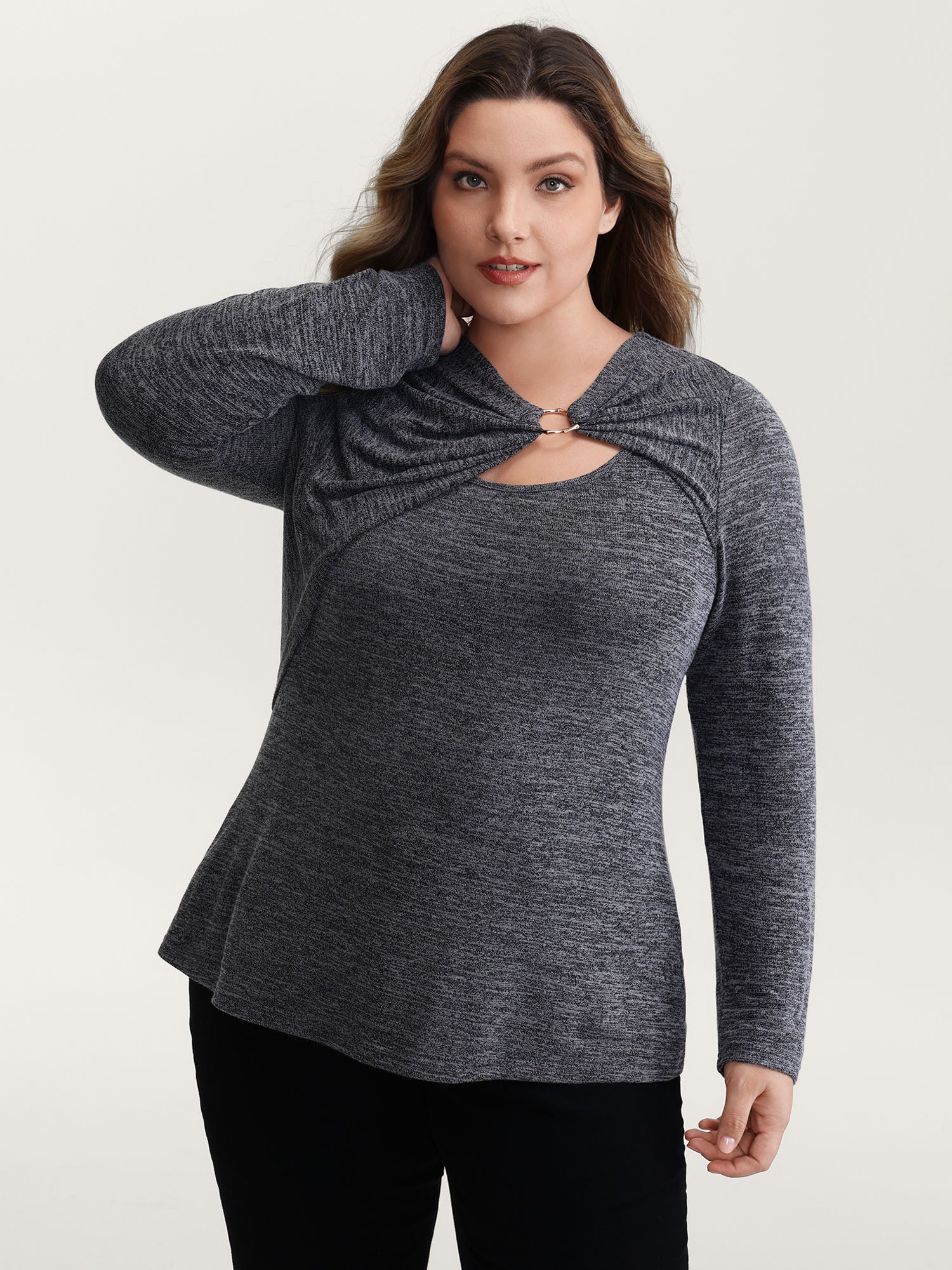 Heather Metal Detail Ruched T-Shirt - Image 2