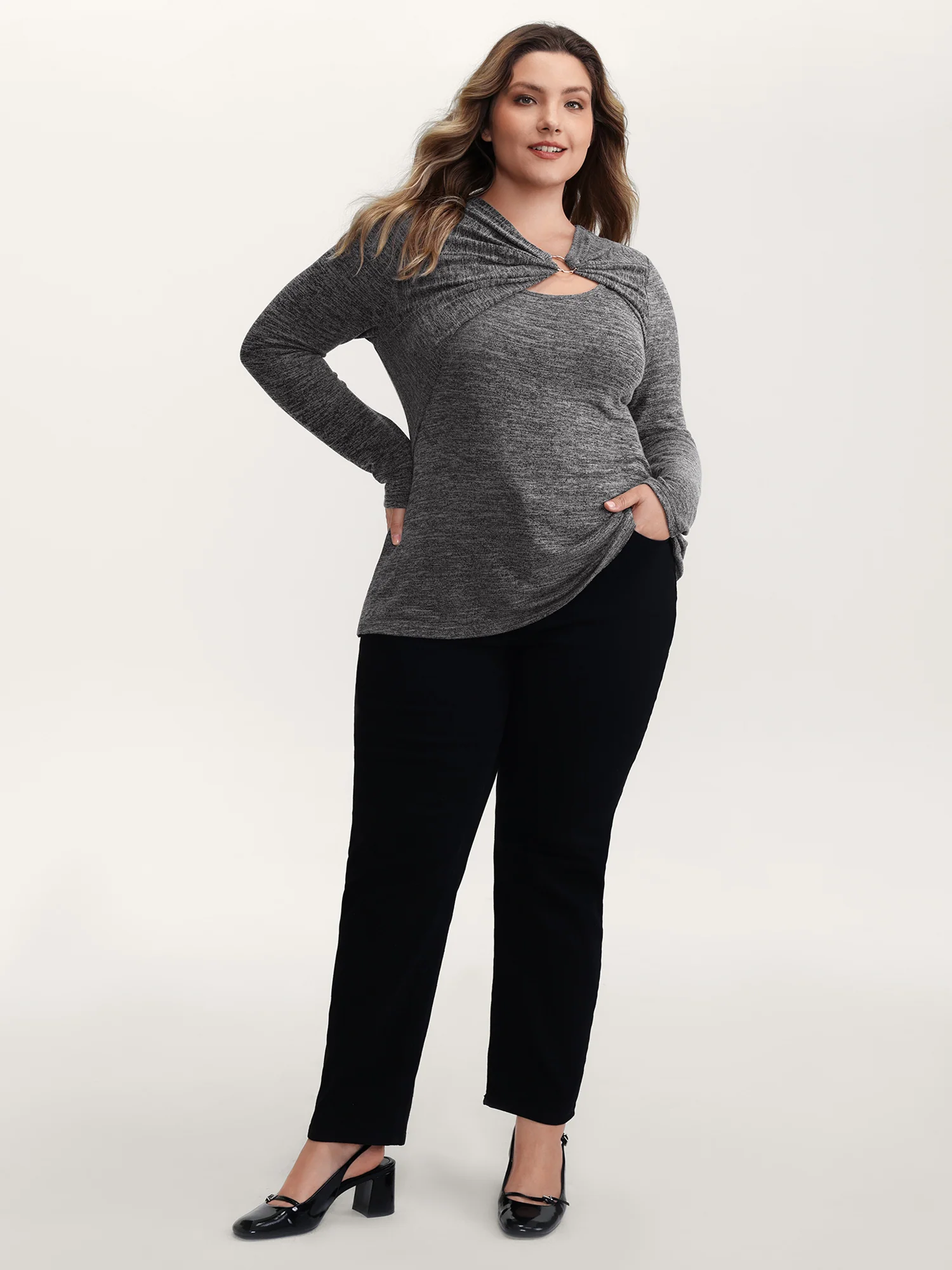 Heather Metal Detail Ruched T-Shirt - Image 3