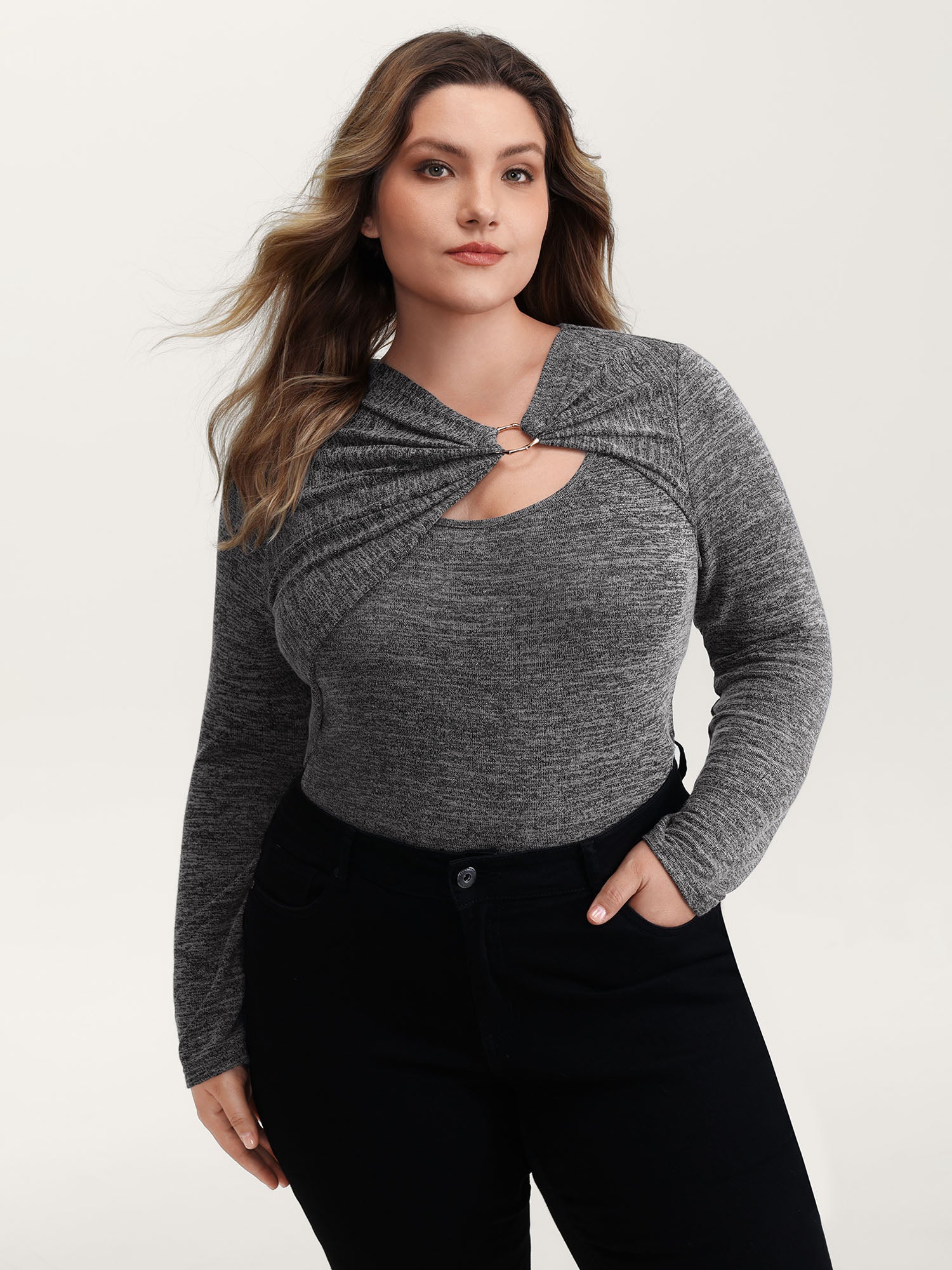 Heather Metal Detail Ruched T-Shirt - Image 4