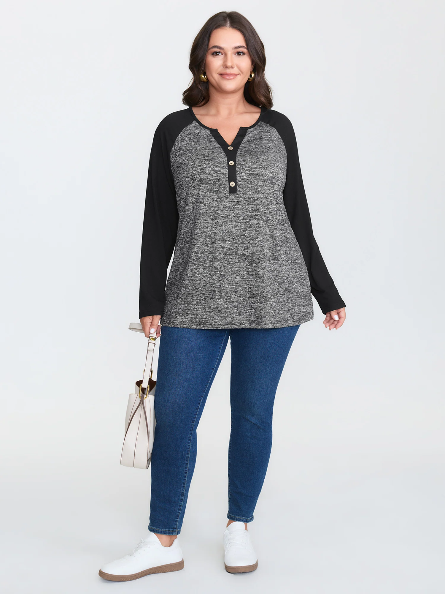 Heather Patchwork Button Detail Stretchy T-Shirt - Image 10