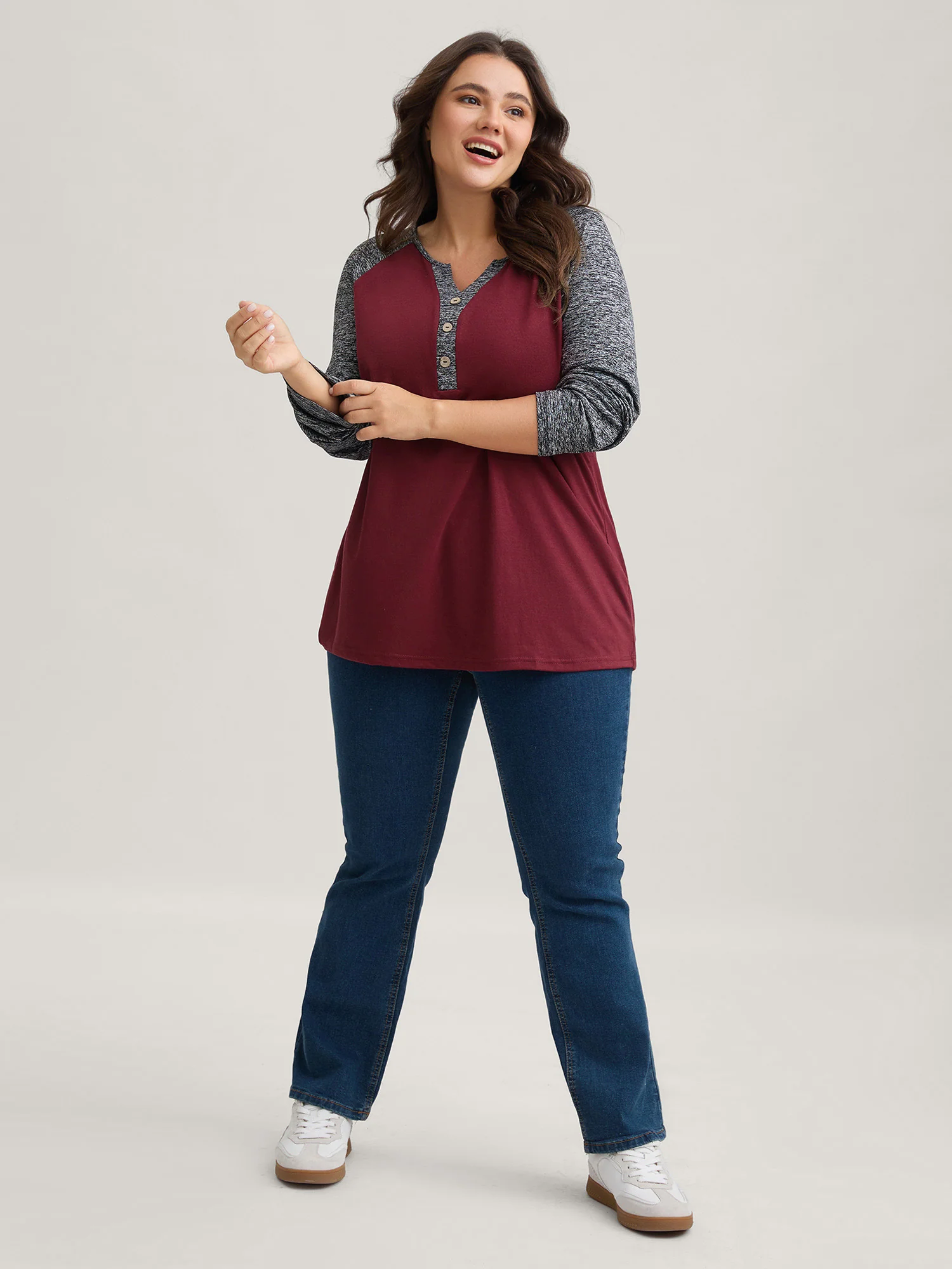 Heather Patchwork Button Detail Stretchy T-Shirt - Image 13