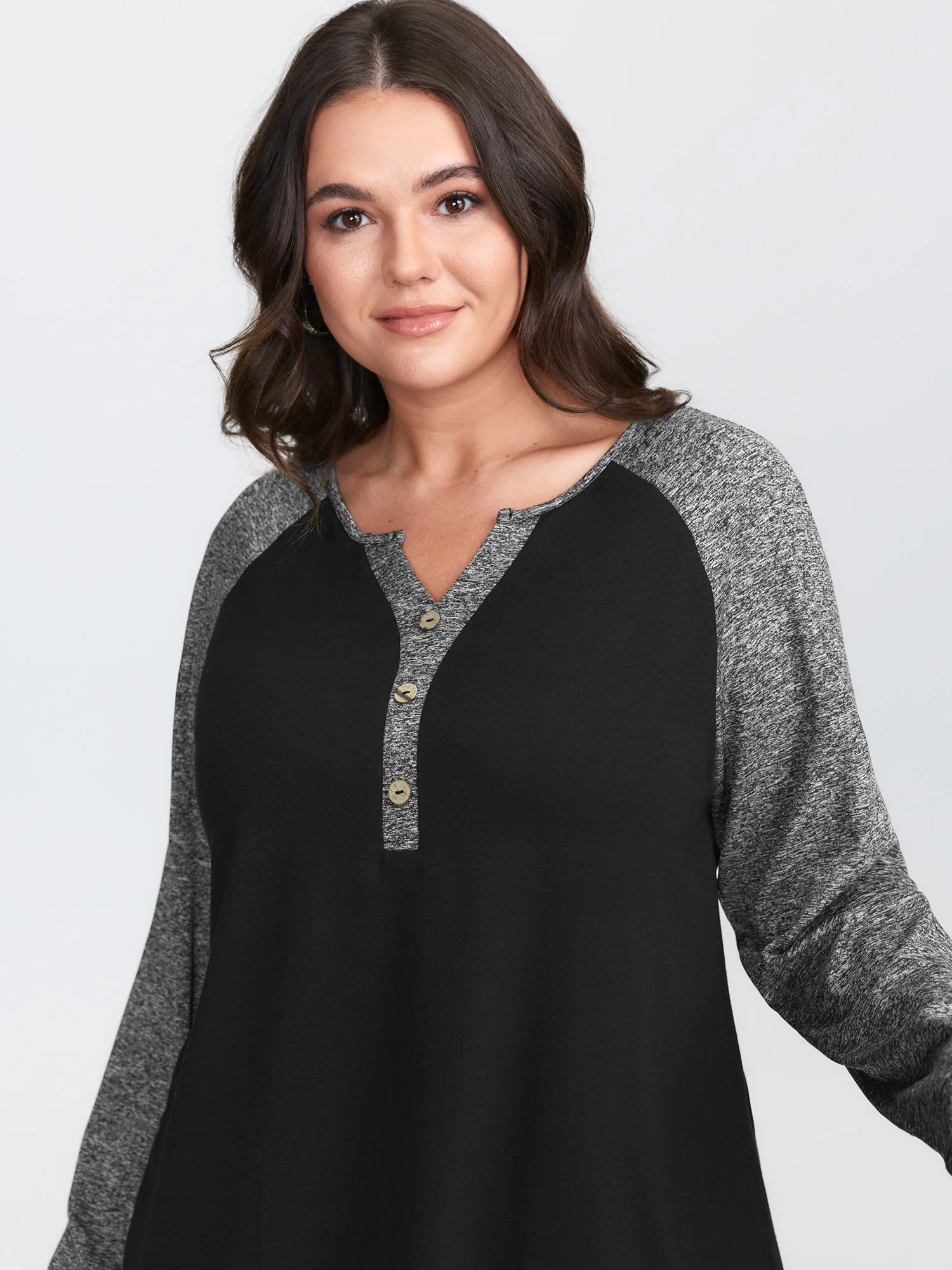Heather Patchwork Button Detail Stretchy T-Shirt - Image 2