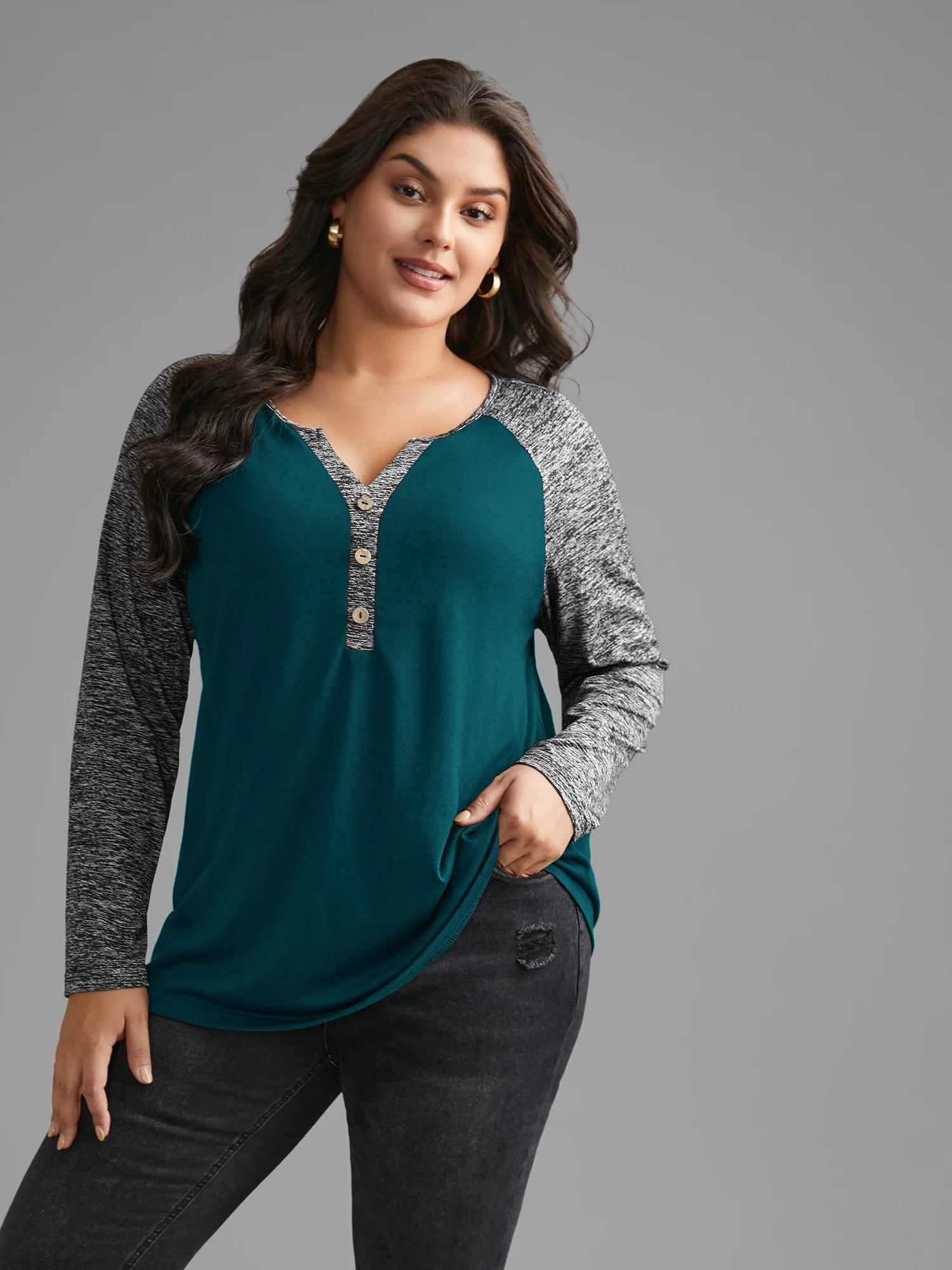 Heather Patchwork Button Detail Stretchy T-Shirt - Image 20