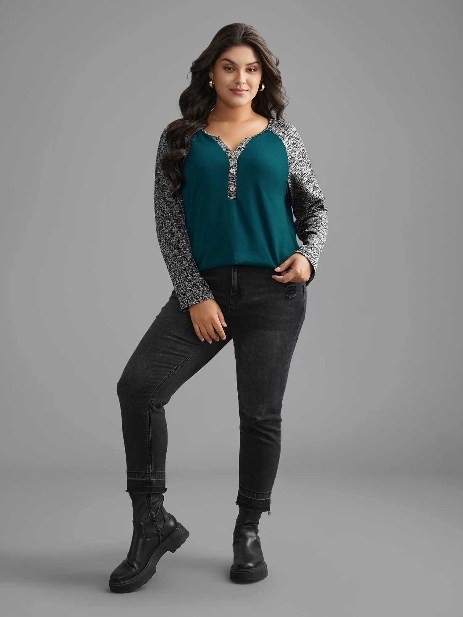 Heather Patchwork Button Detail Stretchy T-Shirt - Image 22