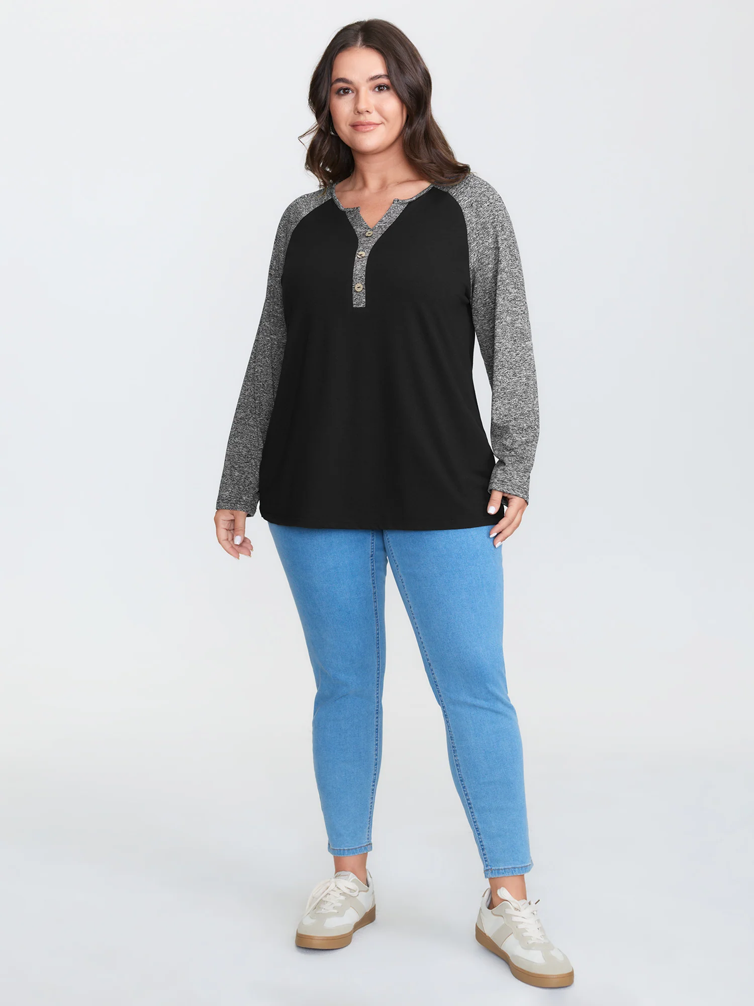 Heather Patchwork Button Detail Stretchy T-Shirt - Image 3