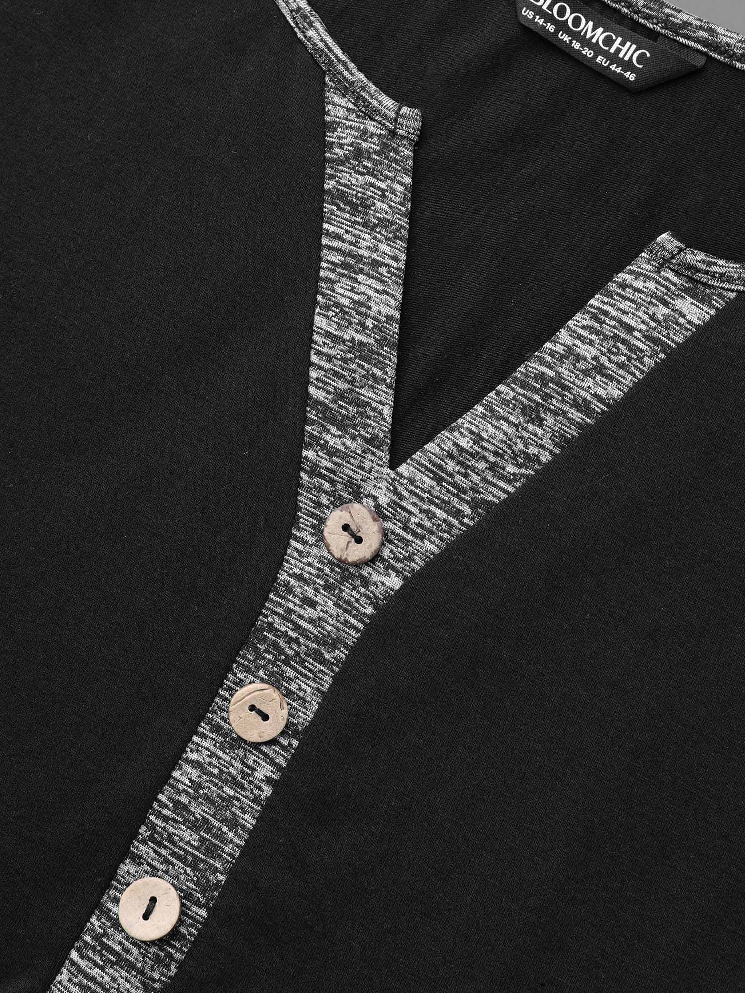 Heather Patchwork Button Detail Stretchy T-Shirt - Image 6